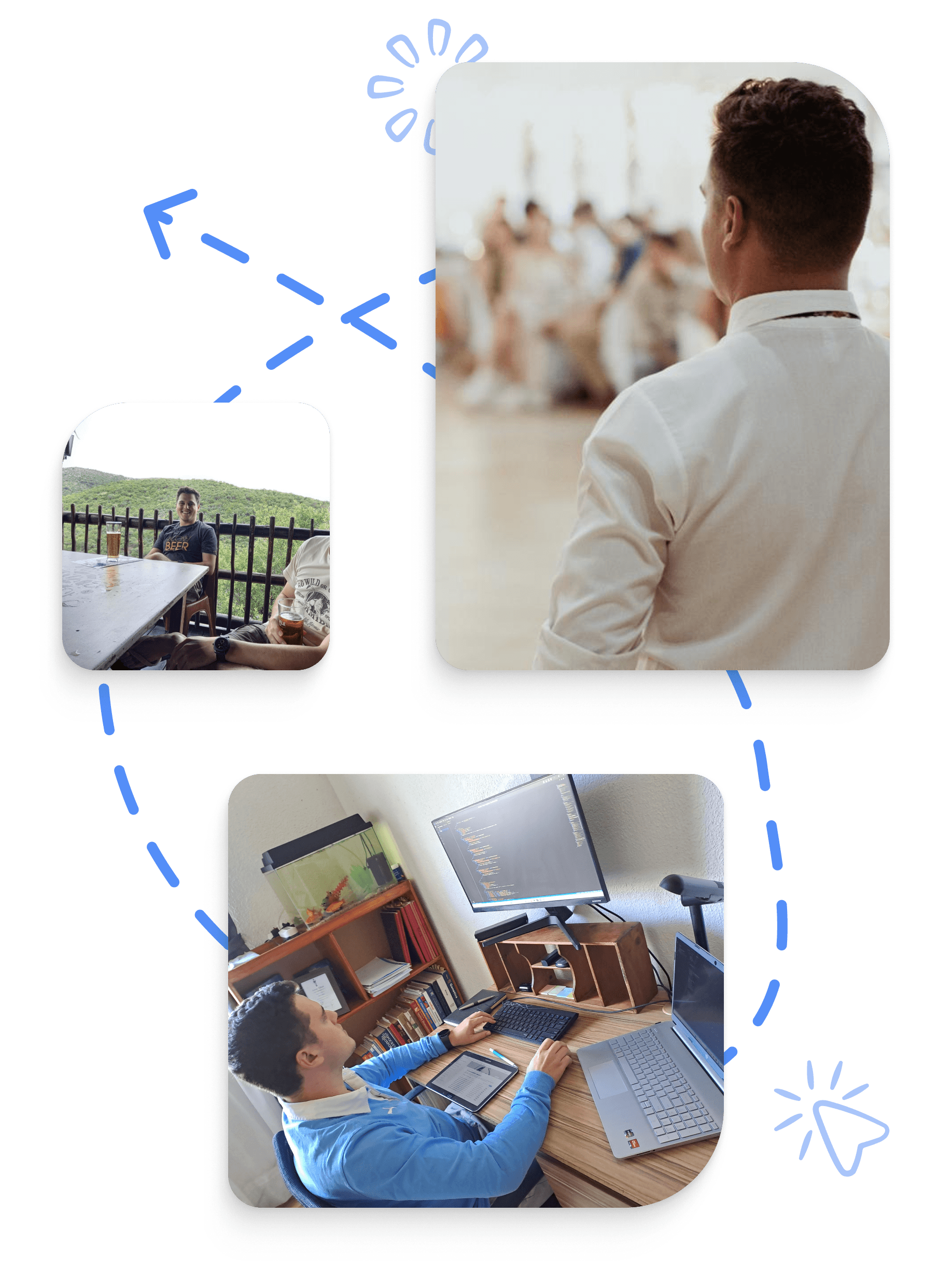 A collection of images of Marais Roos, the first image his him doing a speech with a view from the back, the second is him being social, and the third is him doing work in his office.